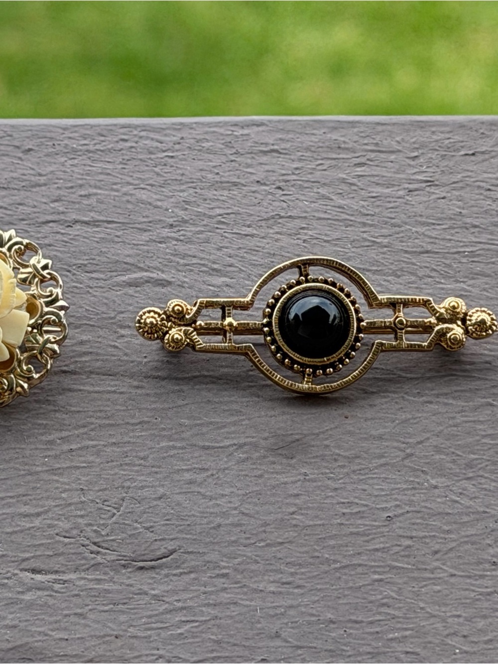 3 pc VTG Costume Jewelry Brooch Lot Victorian Revival Gothic Onyx Pearl Rose